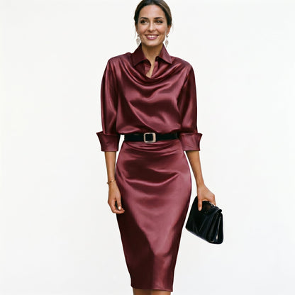 Women's Oona draped-collar wedding guest midi dress in Burgundy