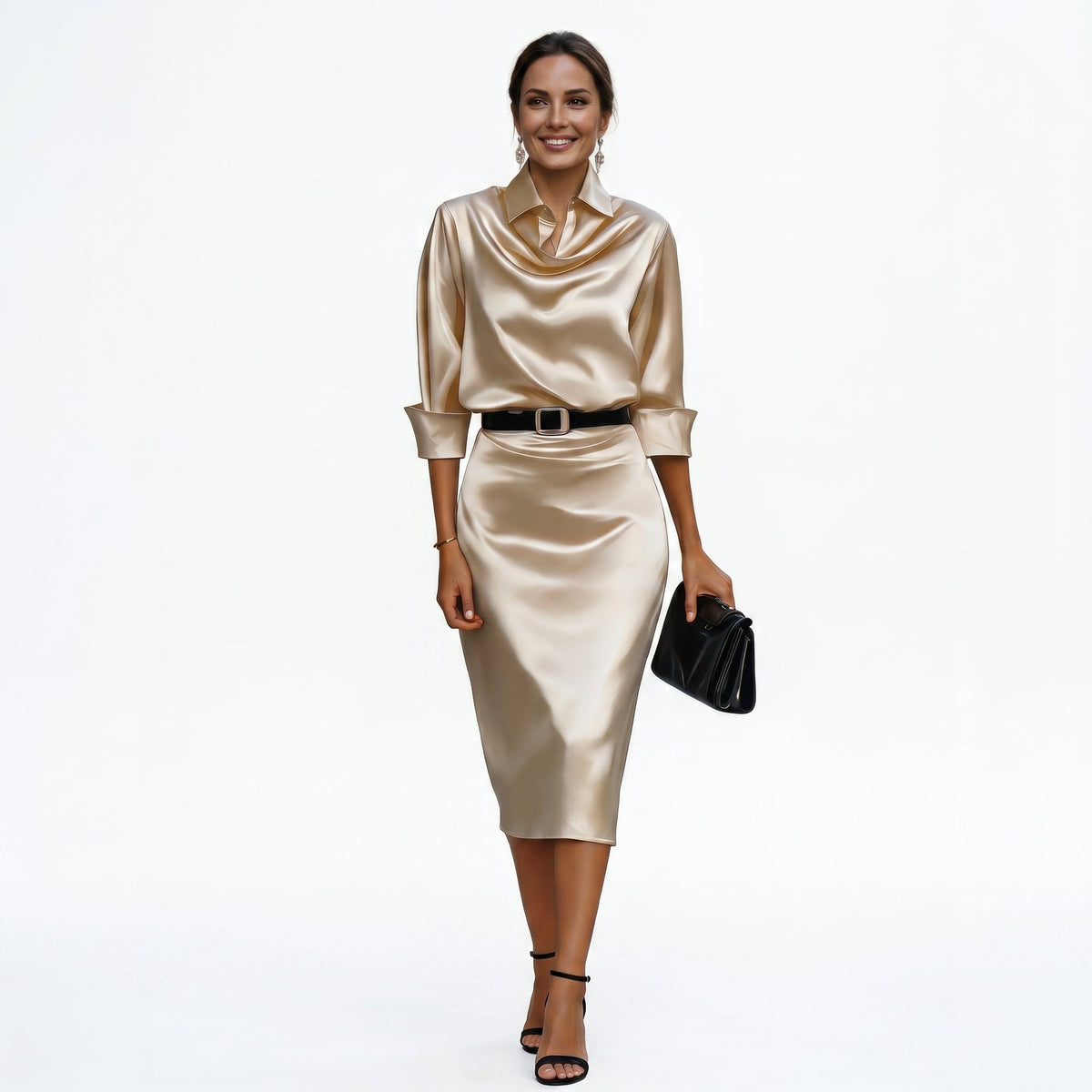 Women's Oona draped-collar wedding guest midi dress in Champagne