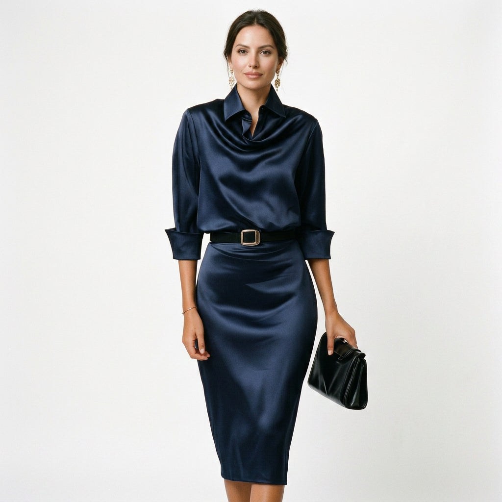 Women's Oona draped-collar wedding guest midi dress in Navy Blue