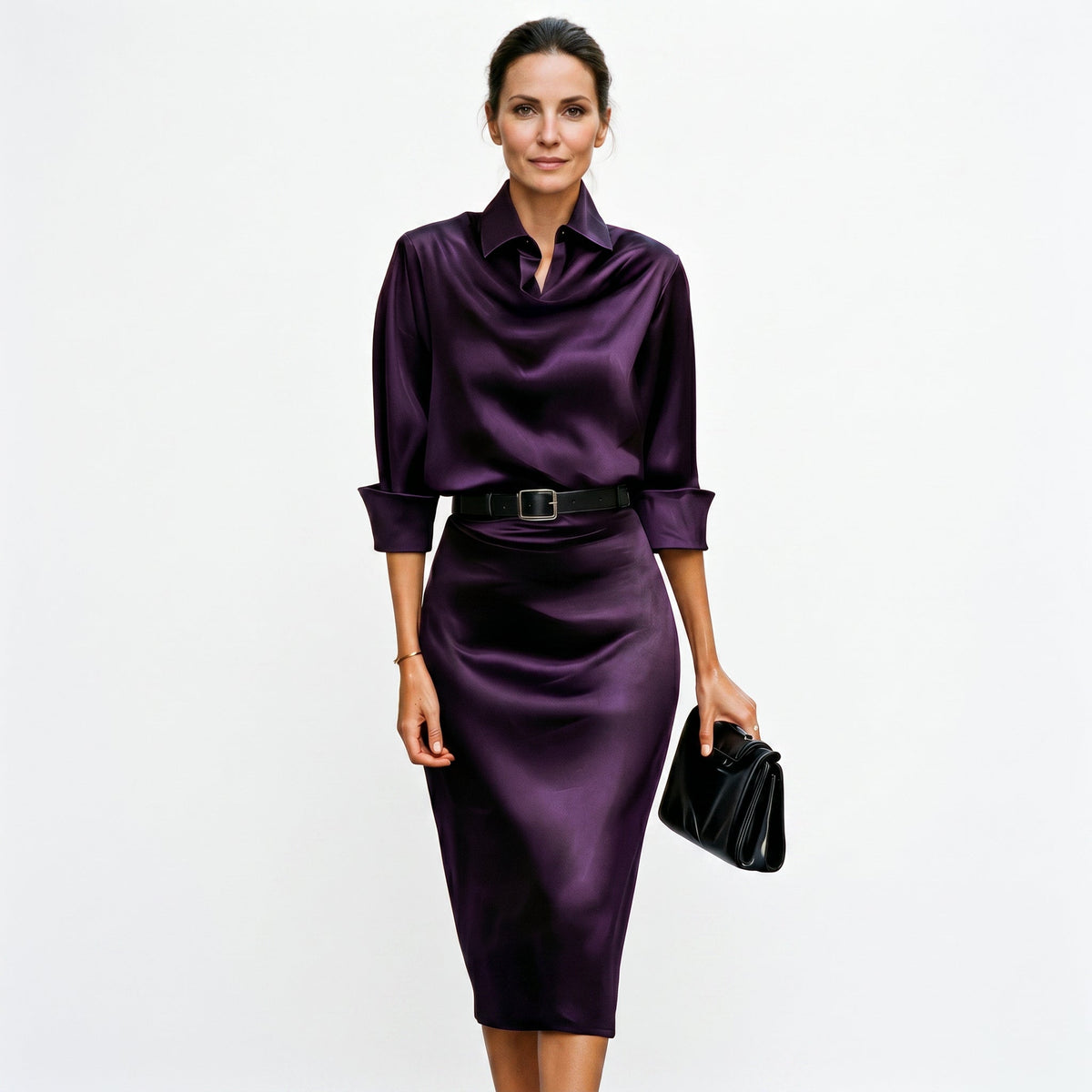 Women's Oona draped-collar wedding guest midi dress in Purple