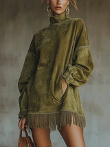Philippine | Mock Turtleneck Fringe Knit Mini Dress