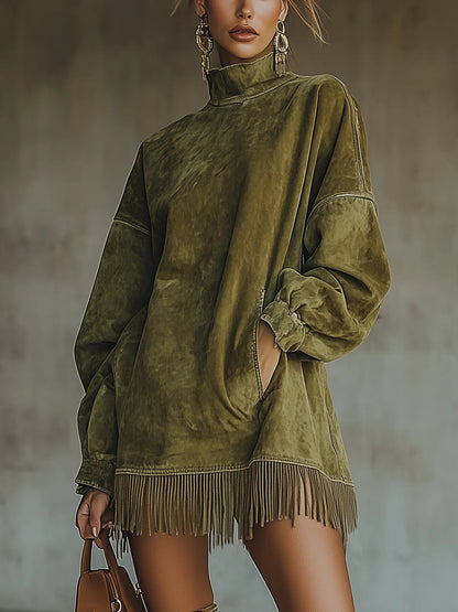 Philippine | Mock Turtleneck Fringe Knit Mini Dress