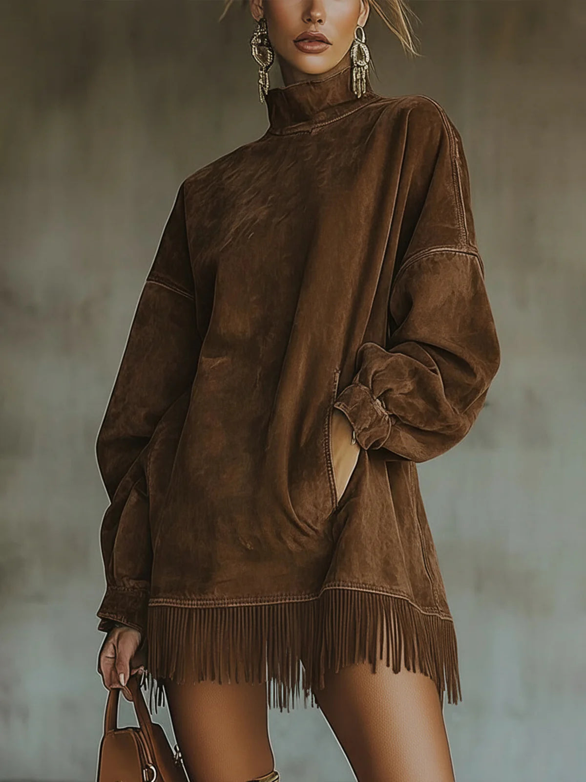 Philippine | Mock Turtleneck Fringe Knit Mini Dress