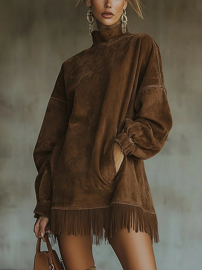Philippine | Mock Turtleneck Fringe Knit Mini Dress