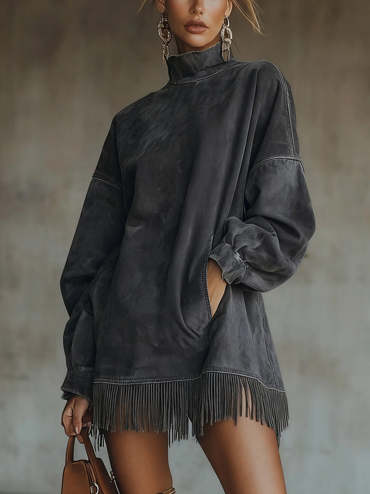 Philippine | Mock Turtleneck Fringe Knit Mini Dress
