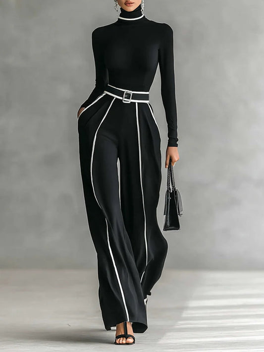 Women's Pernille turtleneck top and belted wide-leg pants set in Black