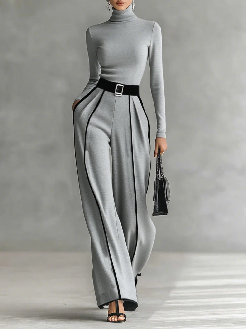 Women's Pernille turtleneck top and belted wide-leg pants set in Gray