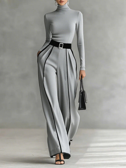 Women's Pernille turtleneck top and belted wide-leg pants set in Gray