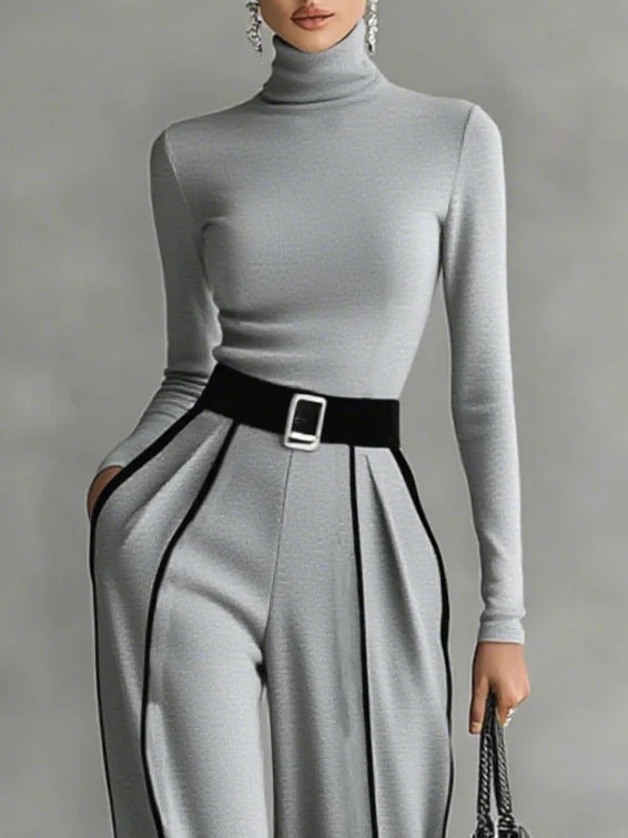 Women's Pernille turtleneck top and belted wide-leg pants set in Gray