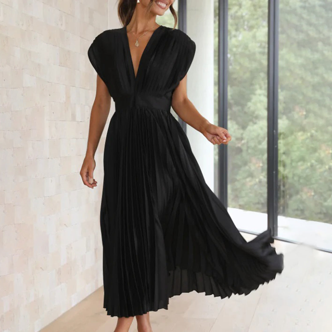 Women's Philippa pleated V-neck wedding guest midi dress in Black