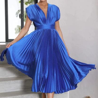 Women's Philippa pleated V-neck wedding guest midi dress in Blue