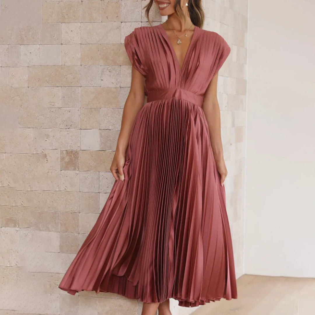 Women's Philippa pleated V-neck wedding guest midi dress in Rosegold