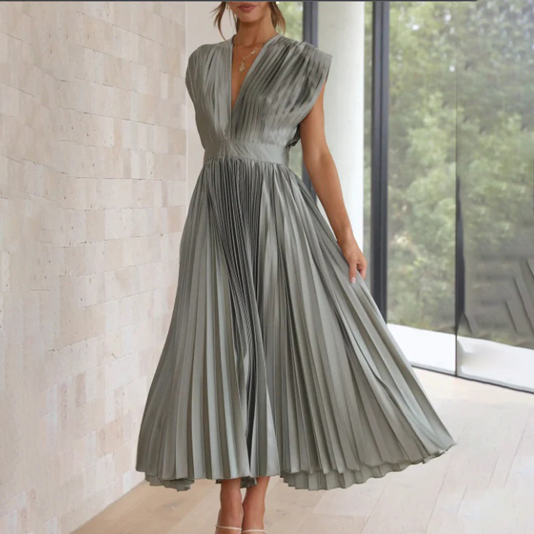 Women's Philippa pleated V-neck wedding guest midi dress in Silver
