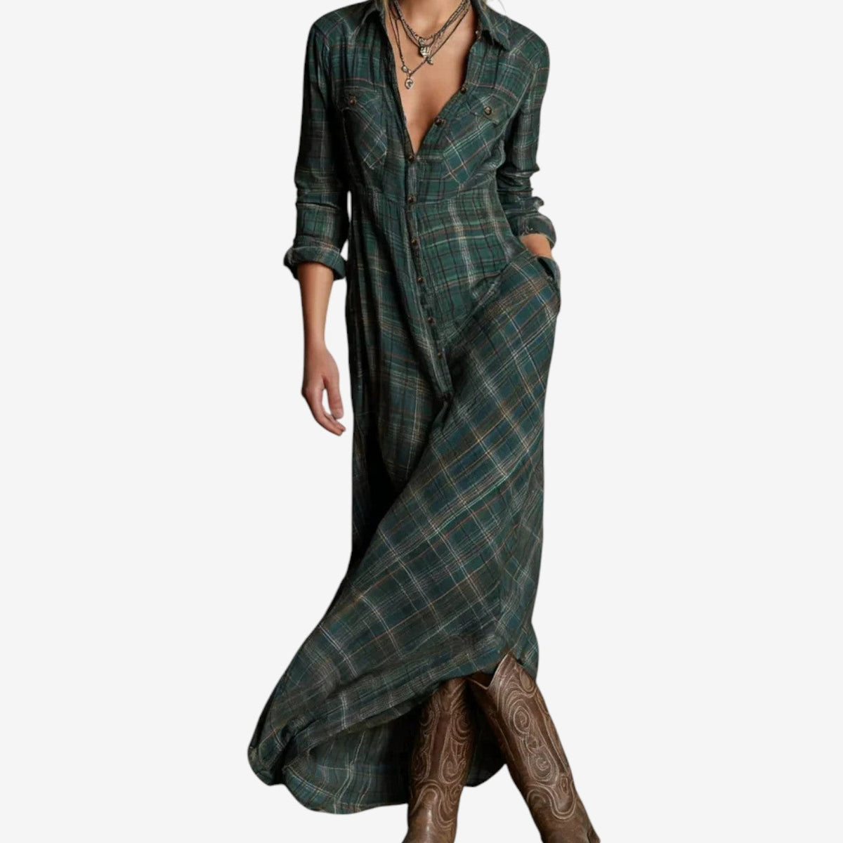 Prudence plaid maxi shirt dress, front view