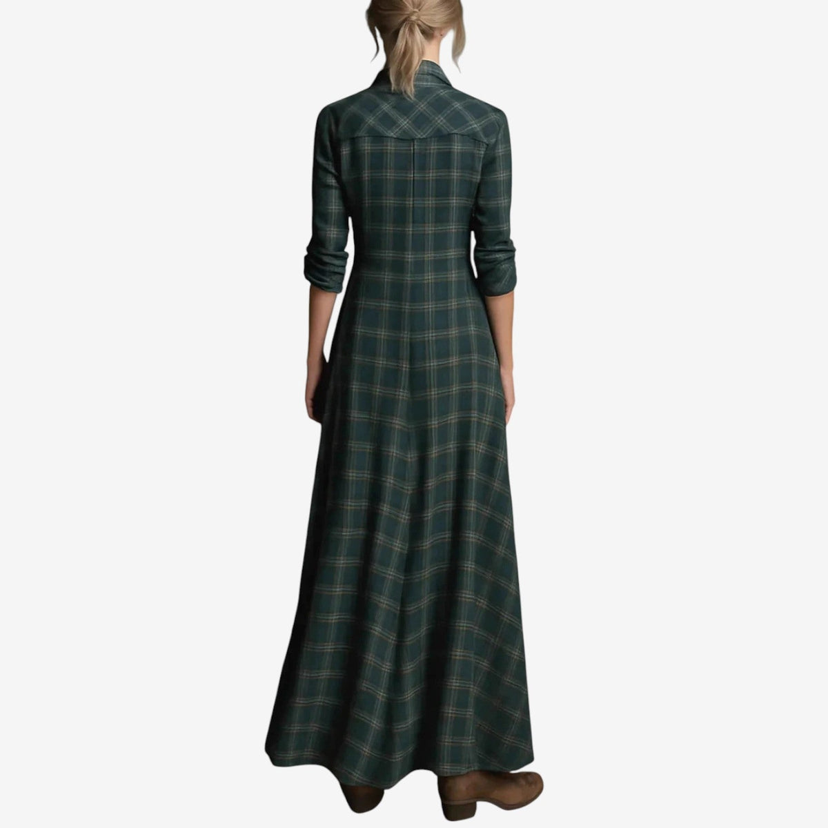 Plaid maxi shirt dress, back view