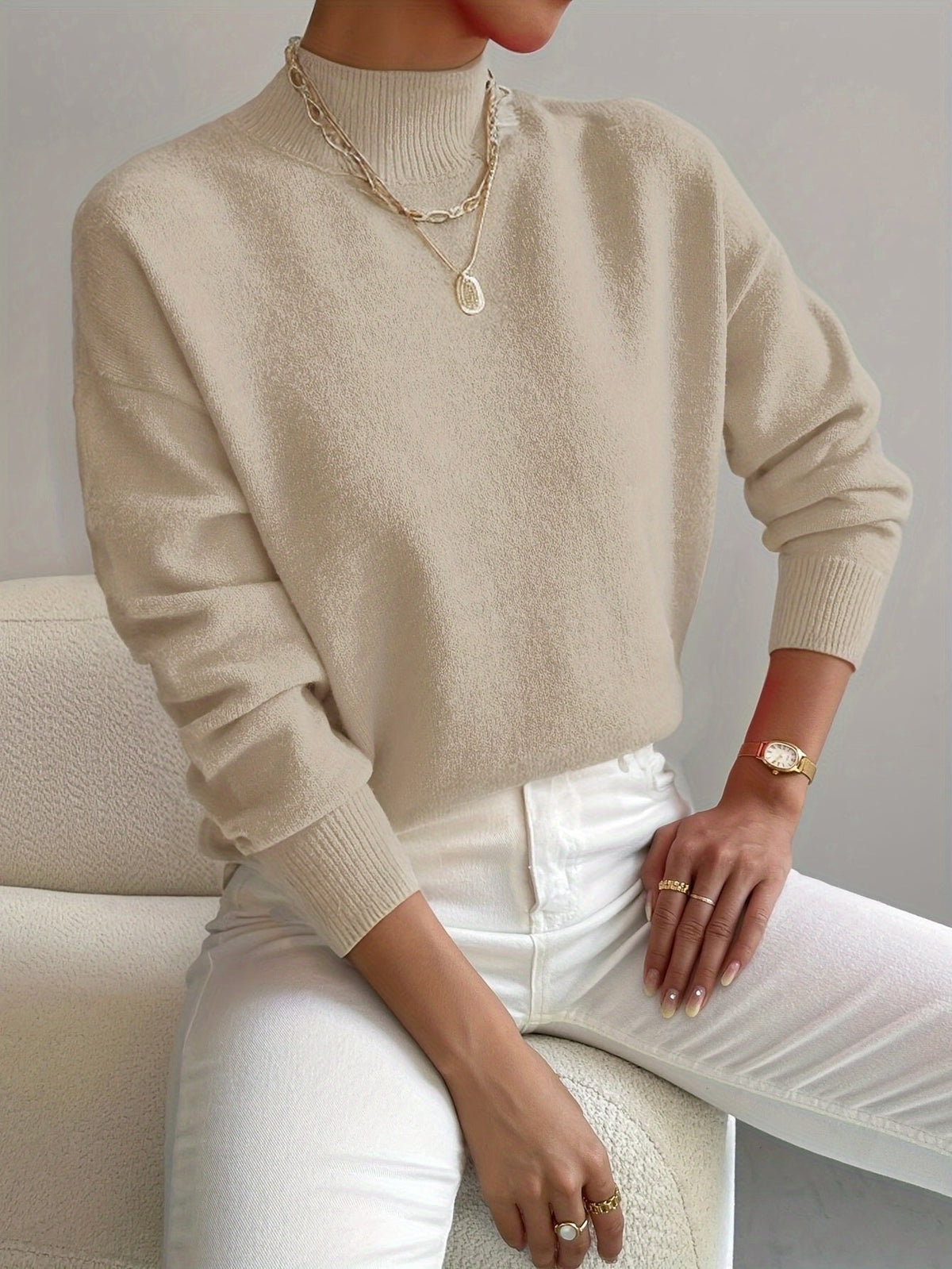 Women's Rhona mock-neck relaxed sweater in Beige