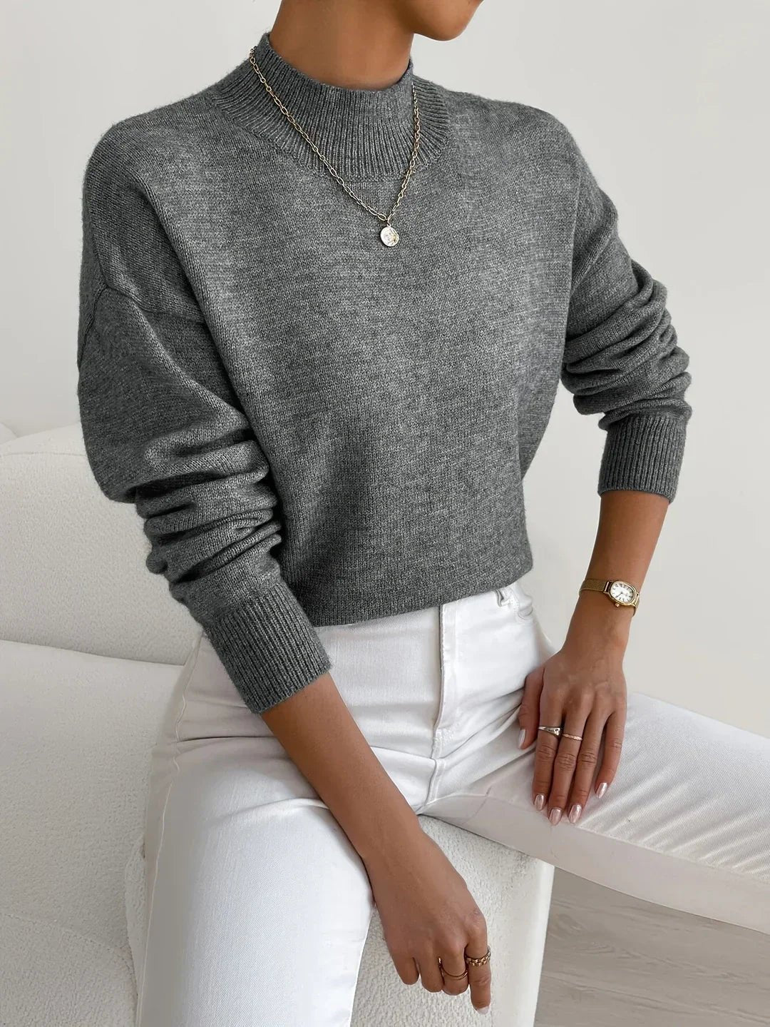Women's Rhona mock-neck relaxed sweater in Dark Gray