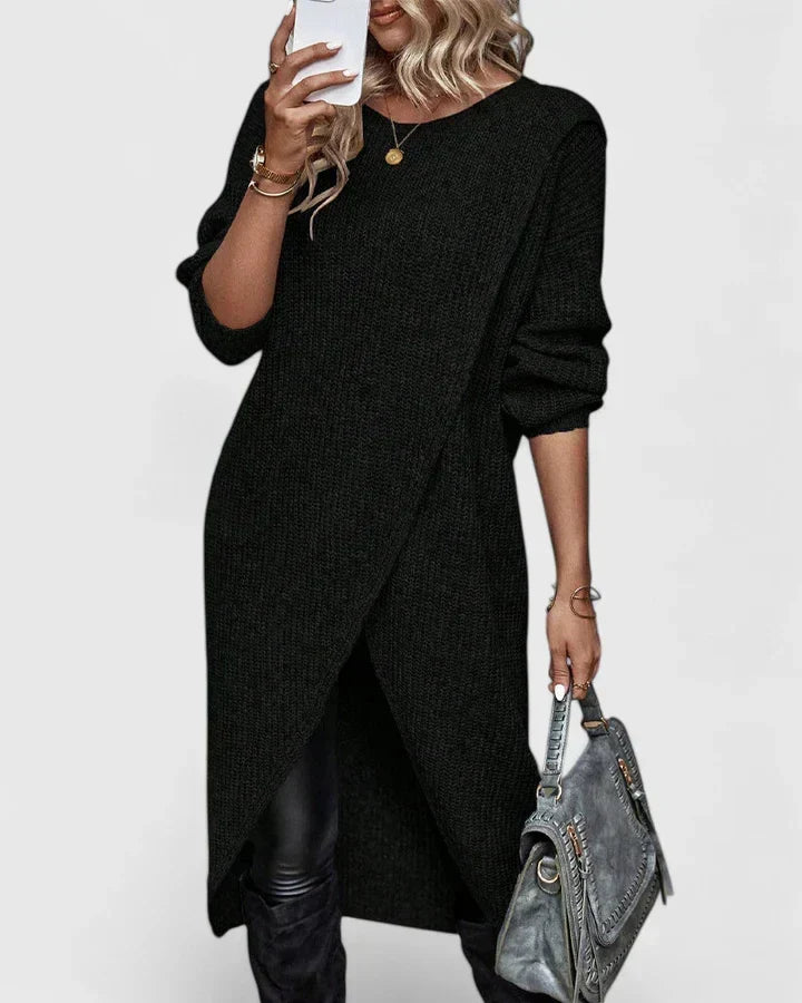 Women's Rigmor asymmetric wrap-hem long sleeve sweater dress in Black