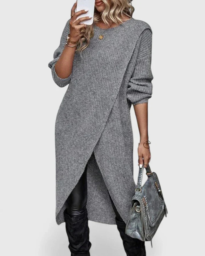 Women's Rigmor asymmetric wrap-hem long sleeve sweater dress in Gray