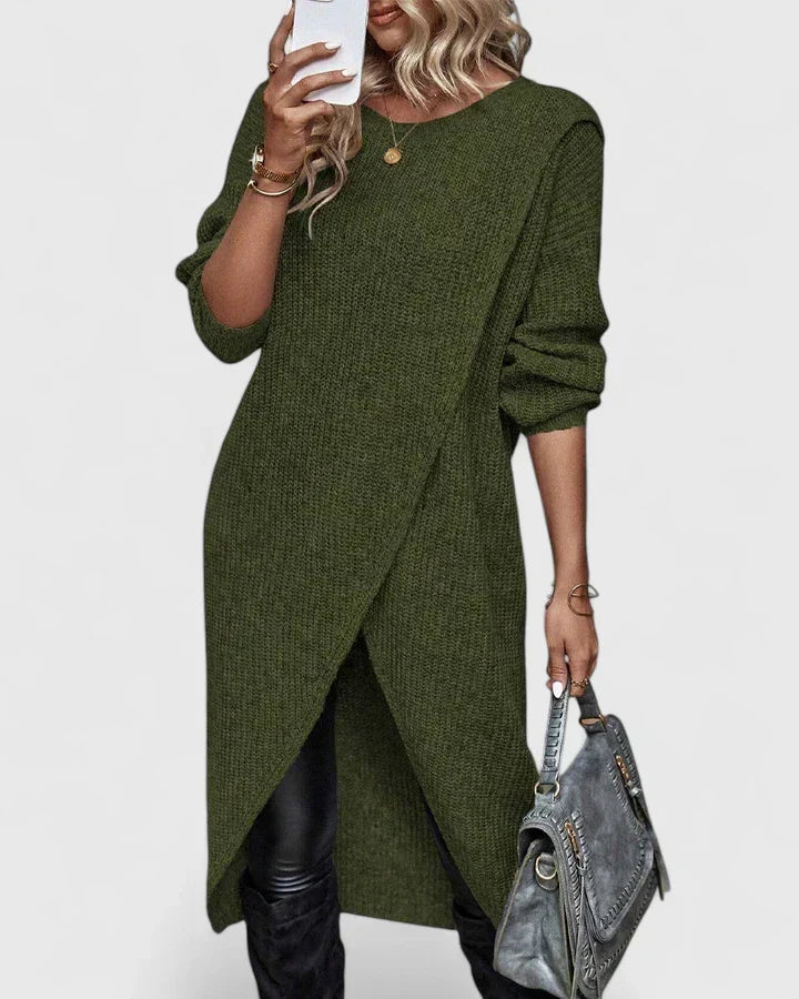 Women's Rigmor asymmetric wrap-hem long sleeve sweater dress in Green