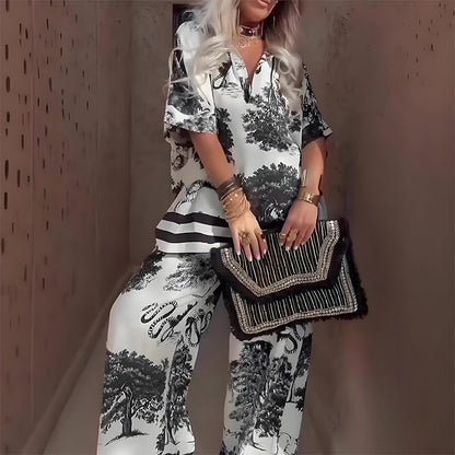 Sabine | Printed V-Neck Top & Pants Set