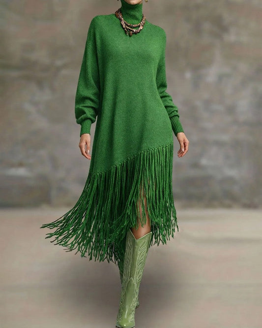 Women's Stina fringe hem maxi sweater dress in Emerald