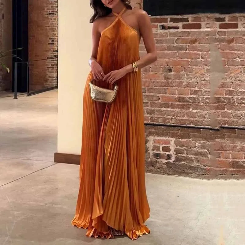 Women's Sunniva halter pleated wedding guest maxi dress in Orange