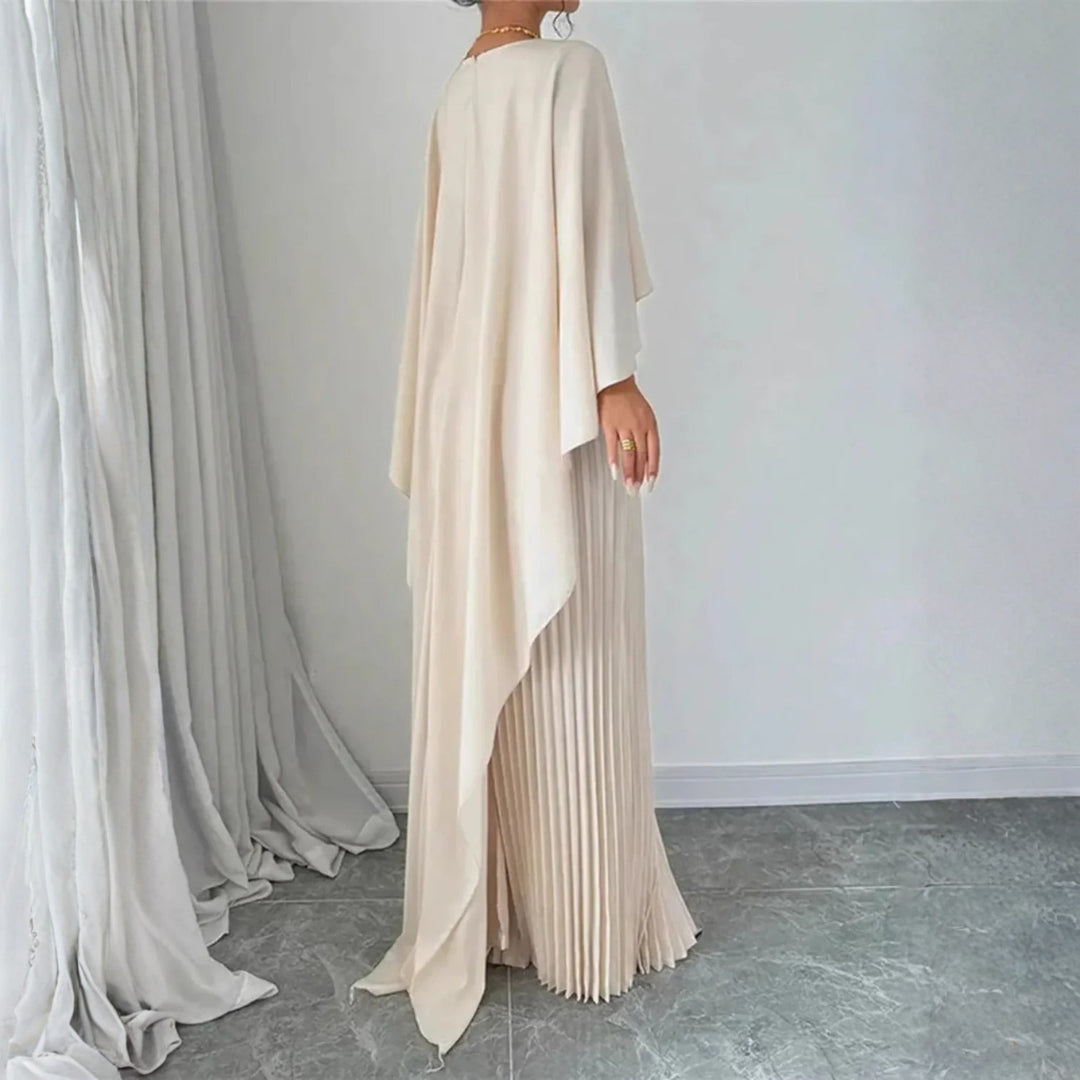 Pleated cape maxi dress, side view