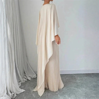 Pleated cape maxi dress, side view