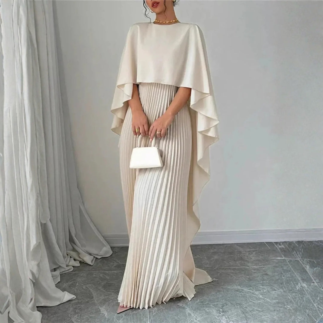 Pleated cape maxi dress, back view