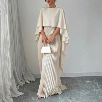 Pleated cape maxi dress, back view