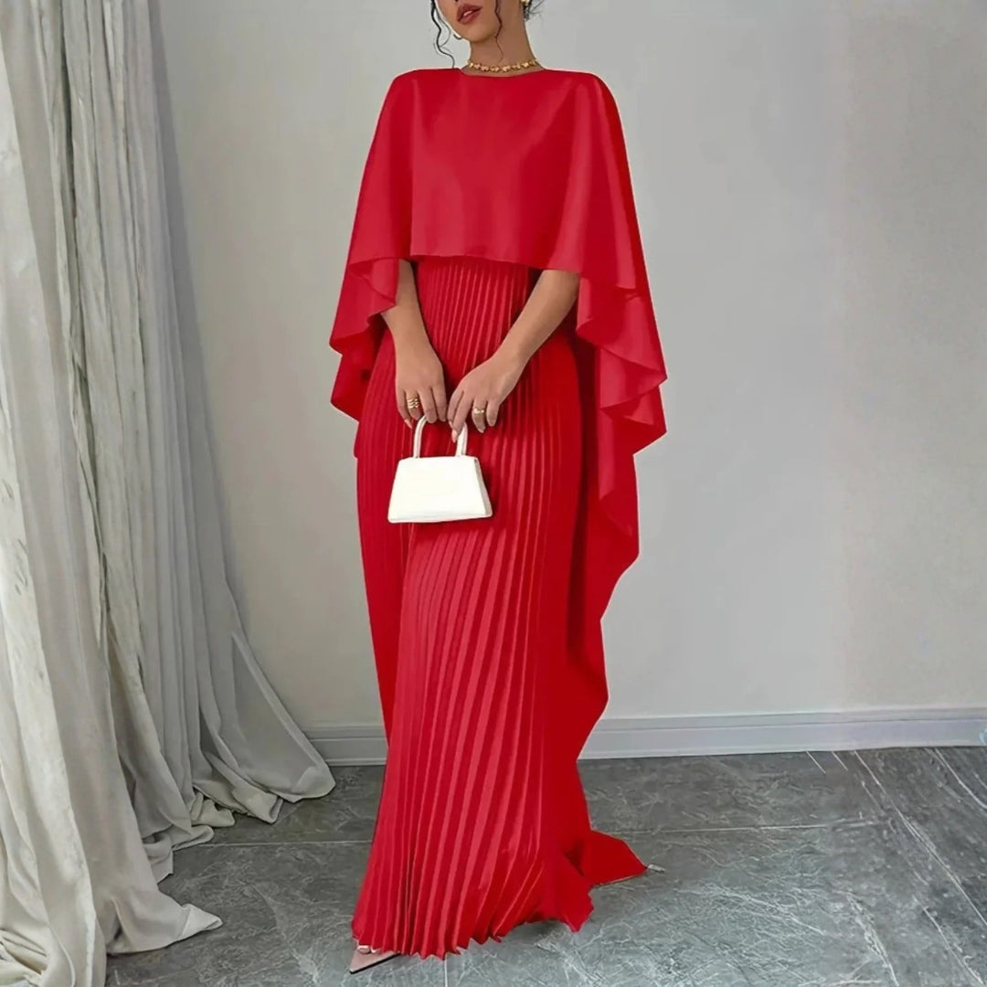Pleated cape maxi dress, detail view