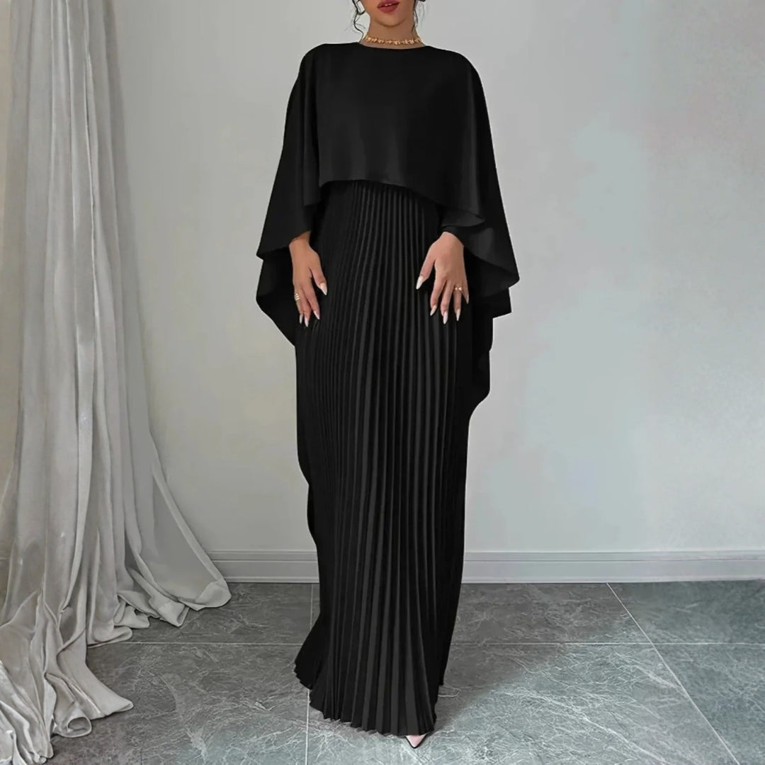 Pleated cape maxi dress, full length view