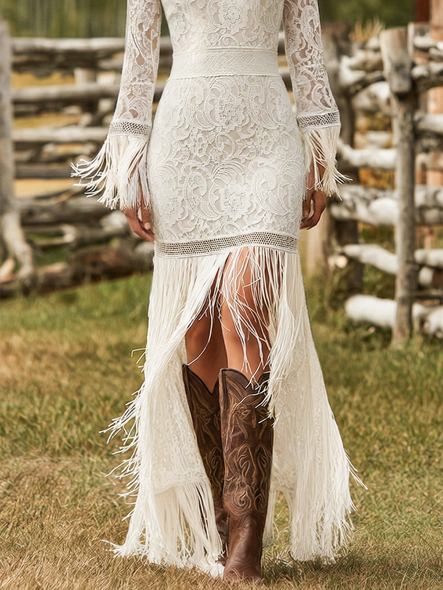 Fringe hem maxi dress, close-up of the neckline