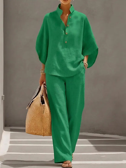 Tabitha | Mandarin Collar Top and Wide-Leg Pant Set