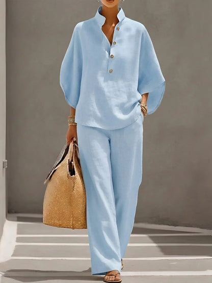 Tabitha | Mandarin Collar Top and Wide-Leg Pant Set