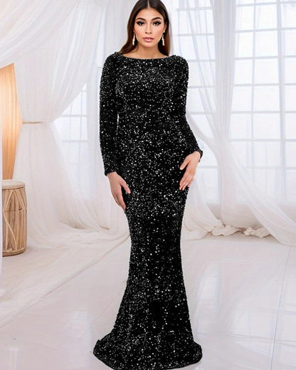 Women's Tekla long sleeve sequin evening dress in Black