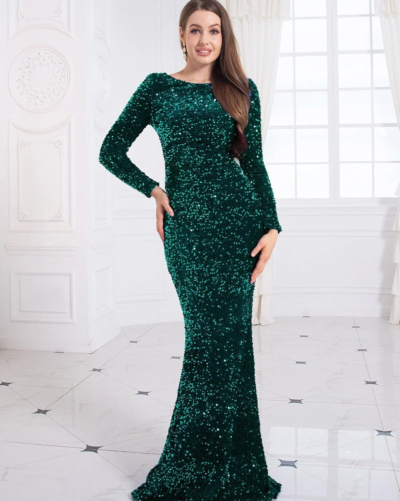 Women's Tekla long sleeve sequin evening dress in Green