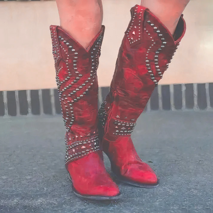 Women's Thyra studded knee-high western boots in Red