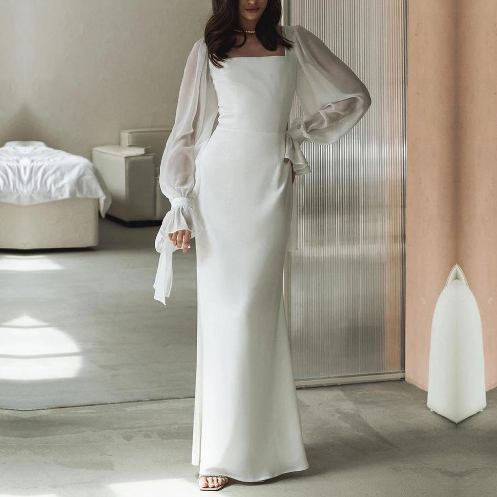 Violette sheer sleeve white maxi dress, front view
