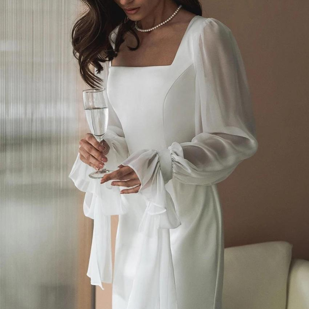 Sheer sleeve white maxi dress, detail view