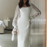 Violette sheer sleeve white maxi dress, front view