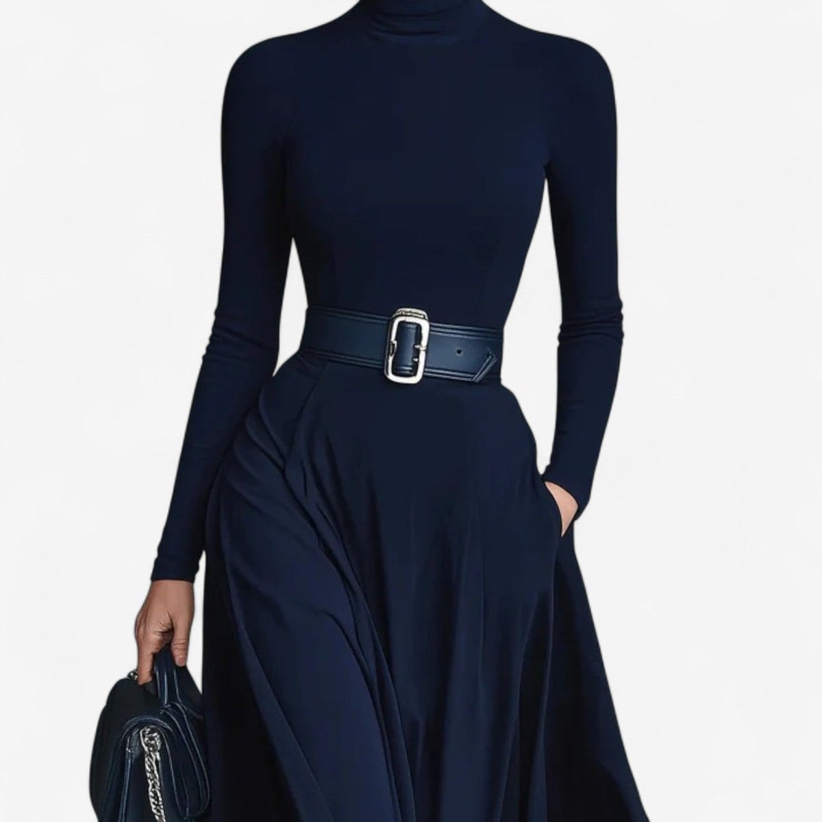 Belted mock neck maxi dress, back view