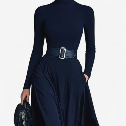 Belted mock neck maxi dress, back view