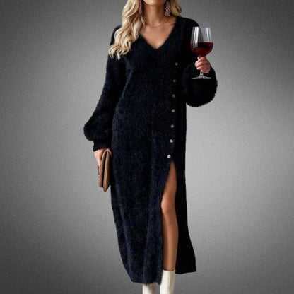 Women's Wendeline balloon-sleeve side-slit maxi sweater dress in Black