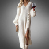 Women's Wendeline balloon-sleeve side-slit maxi sweater dress in White
