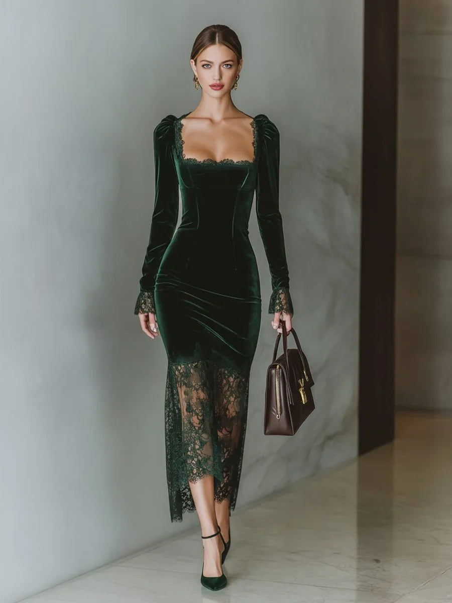 Women's Whitney long sleeve formal maxi dress in Dark Green