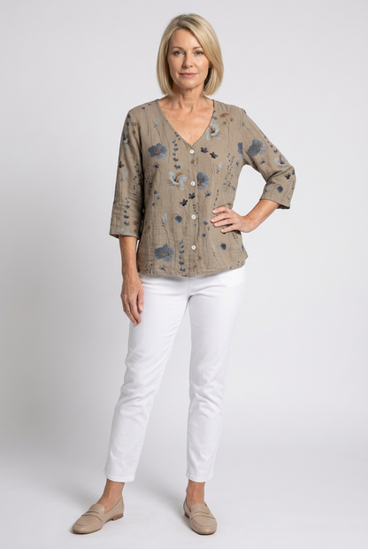 Clotilde | Floral V-Neck Three-Quarter Sleeve Blouse