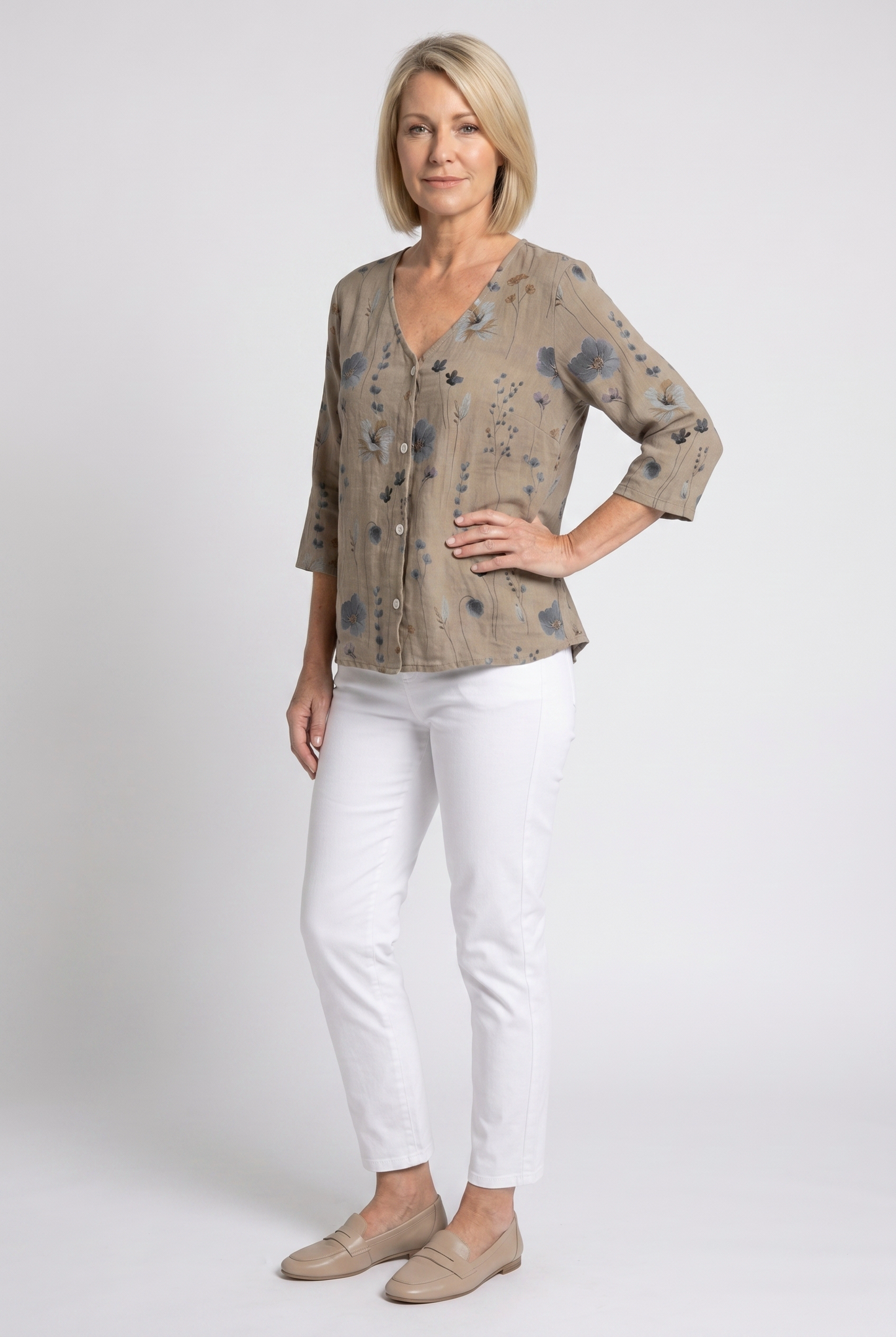 Clotilde | Floral V-Neck Three-Quarter Sleeve Blouse