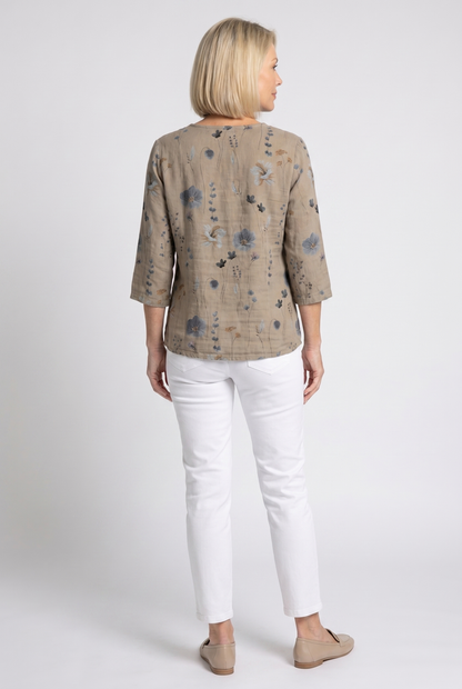 Clotilde | Floral V-Neck Three-Quarter Sleeve Blouse